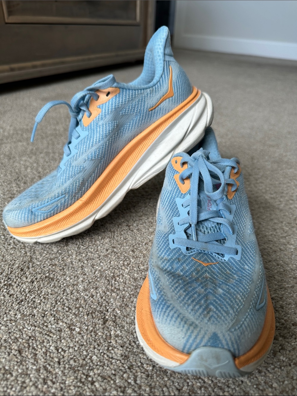 Hoka 7B Light Blue and Peach Performance Running Shoes